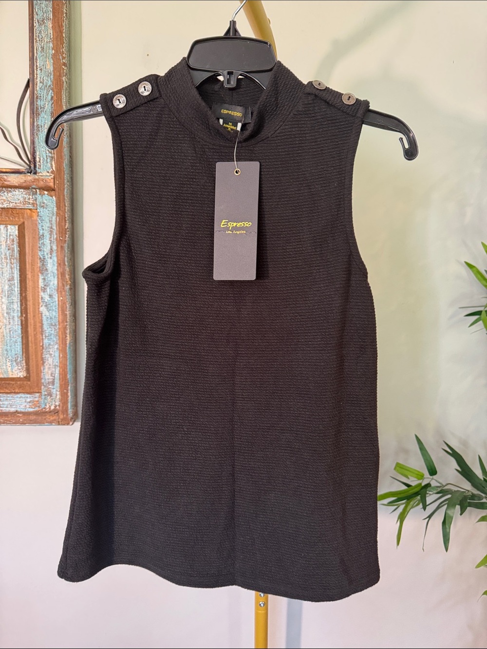Espresso Black Sleeveless Mock Neck textured sleeveless Shoulder Button Accents